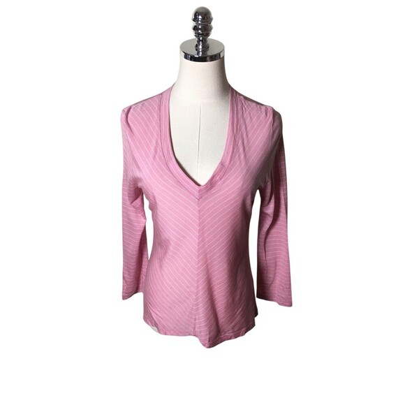 Club Monaco Top Women's Size Large Pink Stripes Long Sleeve V-Neck Tencel - Picture 1 of 5